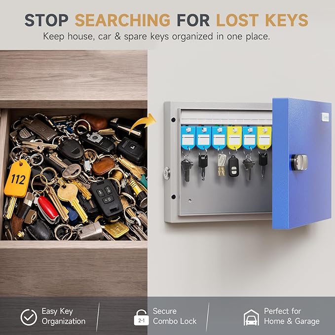 WeHere 16 Key Lock Box, Key Cabinet with Key Management App (Track Key Borrow/Return), 3-Digit Combination Lock & Backup Key, Wall Mount Key Holder Organizer Box for Home, Small Office, Rental