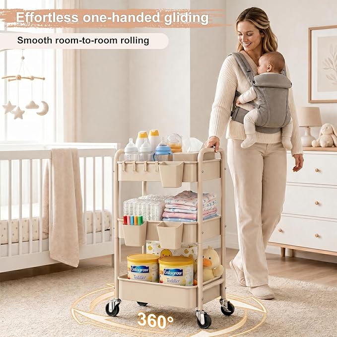 3 Tier Beige Rolling Storage Cart Metal on Wheels, Cream Three Tiered Diaper Caddy with Wheels,Utility Organizer Trolley for Nursery,Postpartum,Art,Craft,Khaki Roller Bedside Carts for Baby Essentials