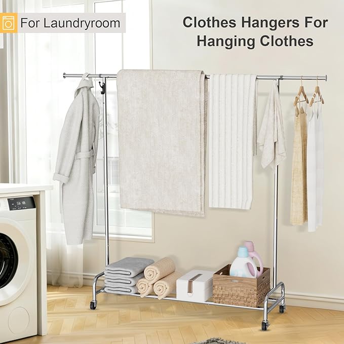 Clothing Rack Chrome, 47.05" to 65.94" Adjustable Rolling Clothing Rack, Standard Drying Garment Rack for Hanging Clothes, Metal Clothes Organizer with Wheels for Bedroom, Laundry Room, Silver