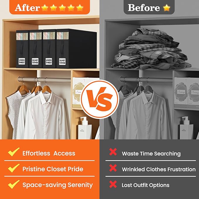 WOWBOX Sheet Organizers and Storage,Closet Bed Sheet Organizer Under Bed Storage and Organization with Label Cards & Clear Window for Bedding Sheets,Duvet Covers,Blankets (8 Pack，Black)