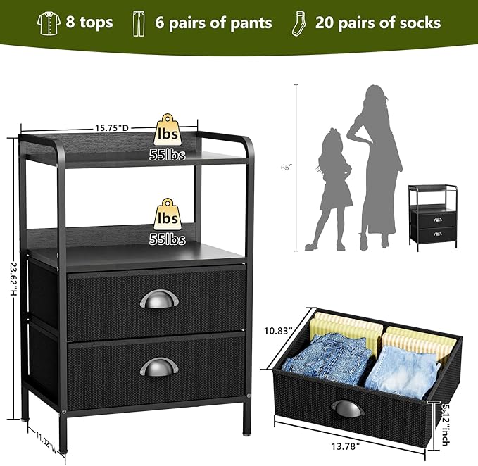 Night Stand Set 2, Nightstand with 2 Fabric Drawer, End Table with Open Shelf, Bedside Table Side Table with Wooden Top for Bedroom, Black