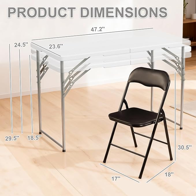 Elevon Folding Table Set with 4 Black Folding Chairs,4 Feet Heavy Duty Fold-in-Half Utility Table Sets for Picnic, Event, Training, Outdoor Activities, at Home and Commercial Use