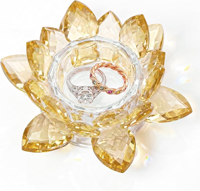 Crystal Flower Jewelry Tray, Luxury Transparent Decorative Trinket Dish for Rings, Earrings, Necklaces, Keys for Vanity Dresser Nightstand, Elegant Gift for Women Mother's Day (1, 4.4"(w) - Gold)