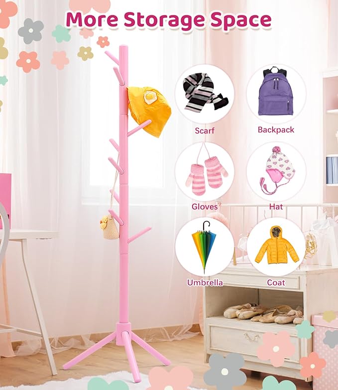 Beech Wood Kids Coat Rack - Adjustable Height Stand with 9 Hooks, Freestanding Children's Clothing Organizer for Hallway, Bedroom, Easy Assembly (Pink)