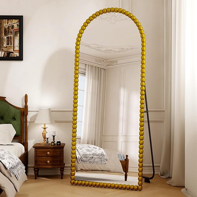 28"x71" Gold Arched Full Length Mirror, Vintage Beaded Decorative Floor Full Body Dressing Mirror as Room Decor Hanging Leaning Standing for Living Room, Bedroom, Vanity Area