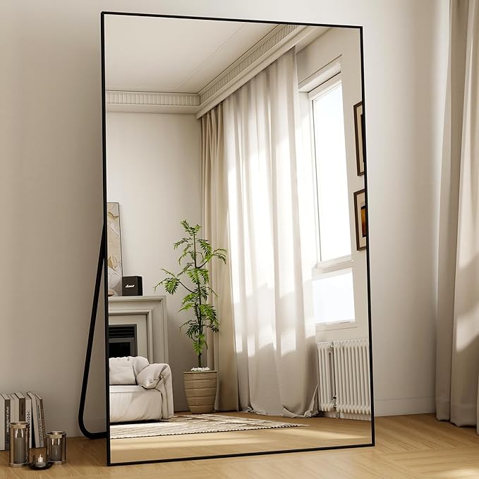 Easly Full Length Mirror with Stand 46"x76" Full Body Mirror Floor Mirror Standing Hanging or Leaning Wall, Wall Mirror with Stand Aluminum Alloy Frame for Living Room Bedroom Cloakroom,Black