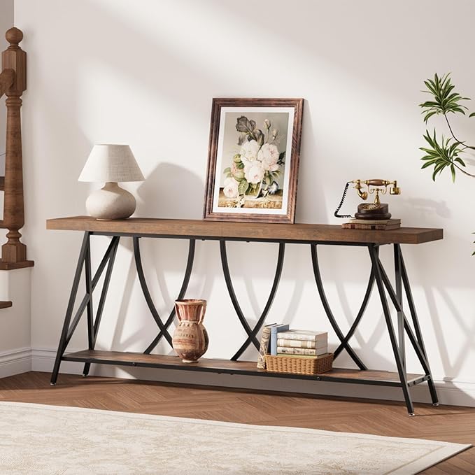 JUSTOGO 70.9" Narrow Console Table for Entryway, Industrial Long Sofa Table Behind Couch, Farmhouse Hallway Table with Storage for Living Room, Entrance, Foyer, Rustic Brown