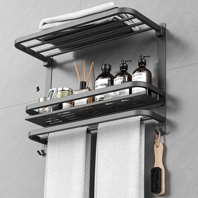 CAXIMSY 22.8Inch Towel Rack for Bathroom and Lavatory Towel Hanger with Wall Mount Towel Bars 304 Stainless Steel No Drill (Collapsible Black Towel Rack with Bathroom Organize Shower Shelves)