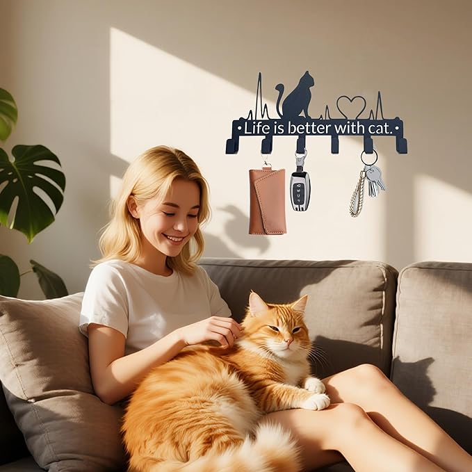 Key Holder Wall Mount with 6 Hooks, Cute Cat Key Rack Organizer for Entryway, Kitchen, Office - Rustproof, Waterproof - Easy Installation,Gift for New Homeowners - 9.8inch/25cm