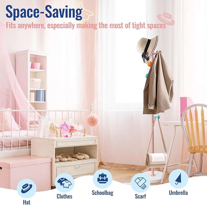 Space Saving Kids Coat Rack with 6 Cute Hooks - Durable Metal Organizer for Coats, Hats, and Bags - Easy Assembly, Tenant Friendly Design for Bedroom or Entryway