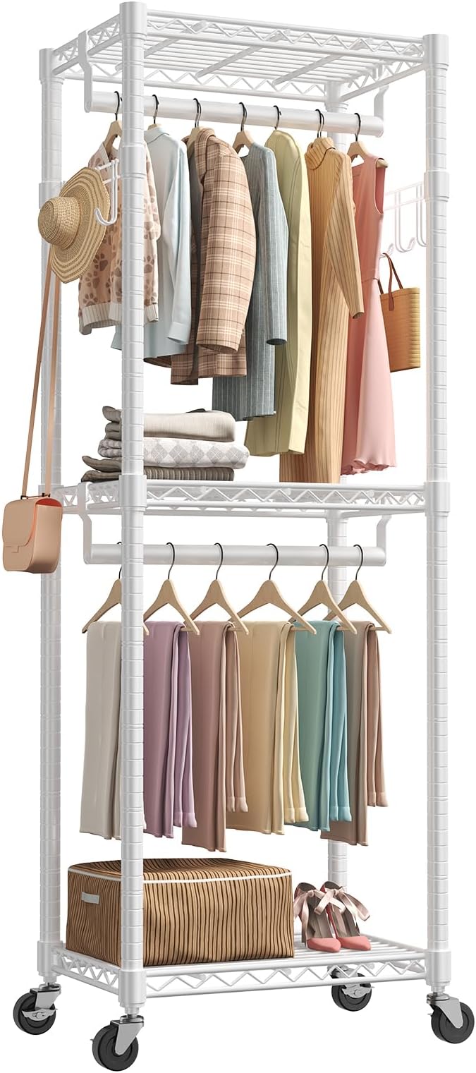 NEWBULIG Heavy Duty Adjustable Clothes Rack with Wheels, Adjustable Rolling Metal Freestanding Garment Closet Organizer with Double Rods & 2 Side Hooks for Hanging Clothes, 23" x 15" x 75", White
