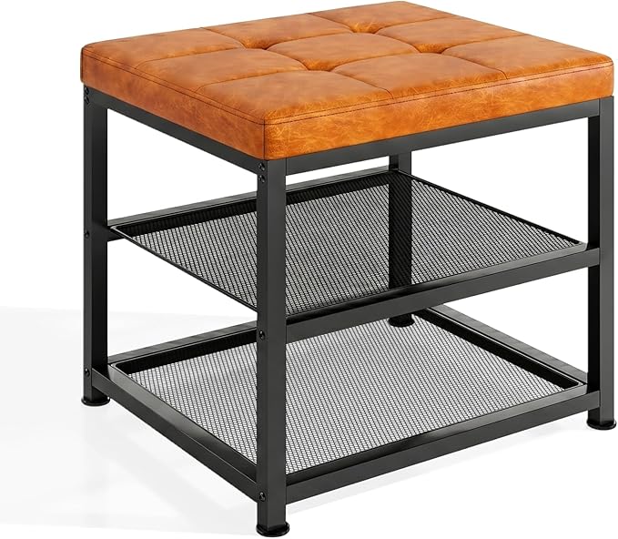Small Shoe Storage Bench with PU Leather Seat Cushion, 3-Tier Freestanding Shoe Rack Organizer for Entryway, Heavy-Duty Metal Mesh Shelves, Supports Up to 300 lbs, Brown (15.7"x11.4"x17.5")