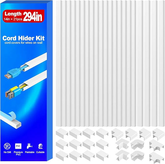 294in Cord Hider Kit, Cord Covers for Wires onWall, One-Cord Cable Hider, Paintable WireHider, Self-Adhesive Wire hiders for TV21xL14inxw0.59inxH0.4in. White