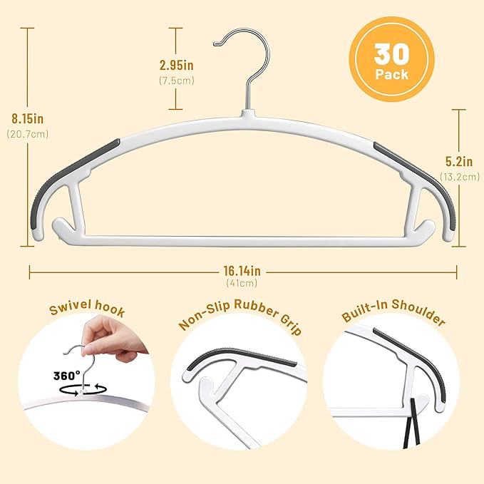 Arc Design No Shoulder Bump Plastic Hangers 30 Pack,Ultra Thin Non-Slip Hangers for Clothes,Heavy Duty Coats Hangers,360°Swivel Silver Hook,Space Saving Closet Organizer-(White)