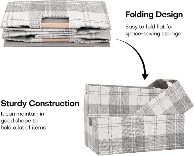 Fabric Storage Bin Box Collapsible Cotton Linen Storage Cube with Wooden Handles Rectangular Decorative Home Organizer Clothes Blanket Basket– Light Gray Plaid, Medium