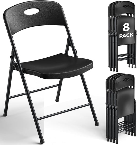 8 Pack Black Folding Chair, Plastic Portable Stackable Commercial Seats with Steel Frame 350lb, Heavy Duty Foldable Chair for Indoor and Outdoor, Patio, Office, Picnic, Kitchen, Events