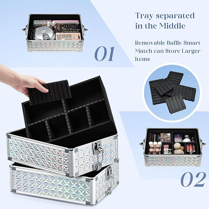 Stagiant Rolling Makeup Case Cosmetology Case on Wheels 4 in 1 Large Cosmetic Organizer Train Case Makeup Travel Case with Key Nail Artist Salon Storage Traveling Cart Big Trunk Shiny Silver