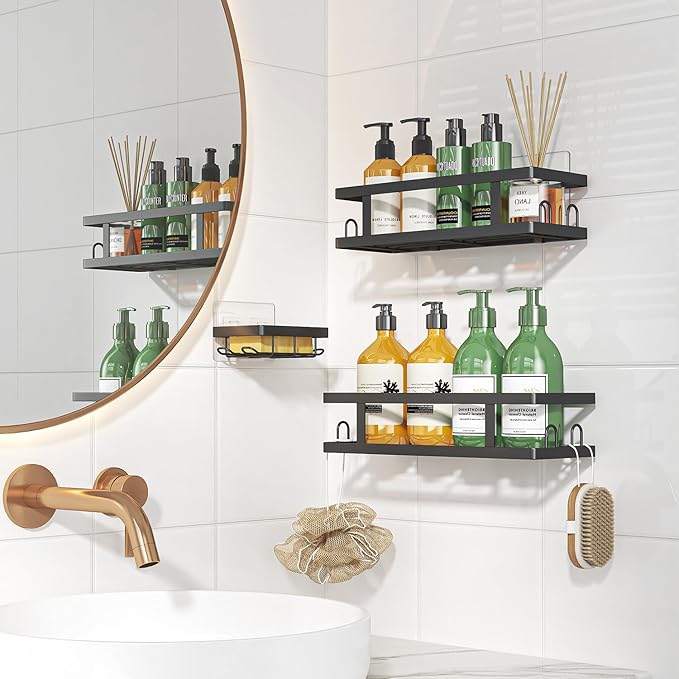 Youvip Adhesive Shower Caddy,Shower Shelves with Soap Holder and 12 Hooks,Rustproof No Drilling Bathroom Organizer and Storage,Black,3 Pack