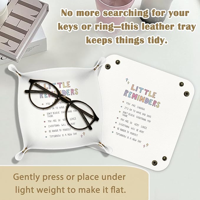 Inspirational Motivational Gifts Leather Jewelry Valet Tray, Little Reminders Positive PU Leather Catchall Beside Caddy Nightstand Organizer Tray for Jewelry Rings Watches Keys, 7.8x7.8inch
