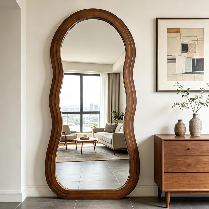 Wavy Full Length Mirror, 67"x31.5" Organic Floor Mirror with Triple-Layer Solid Wood Frame, Large Irregular Aesthetic Mirrors for Living Room Entryway Hallway, Leaning/Hanging