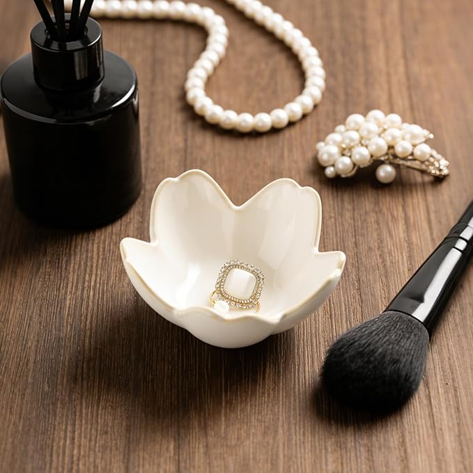 Mecaikru Flower Jewelry Tray Ceramic Ring Dish Jewelry Dish Small Trinket Tray Cute Ring Holder Key Bowl Decorative Plate Gifts For Mom/Sister/Friend, Birthday/Mother's Day/Christmas Gift (white)