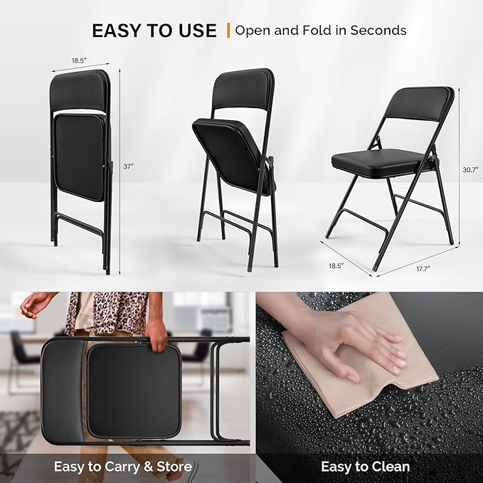 VINGLI Padded Folding Chairs with Thick Seat Cushion, Portable, Durable & Extra Comfortable Foldable Chairs for Indoor & Outdoor Events, Banquet, Party, Dinning, Work, Craft, PU, Black, 4 Pack