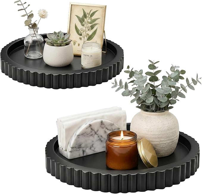 Decorative Tray for Coffee Table, Modern Minimalist Wooden Round Decor Tray for Kitchen, Living Room, Home Decor, Tv Stand, Bathroom Sink, Entryway, Black Color, Set of 2