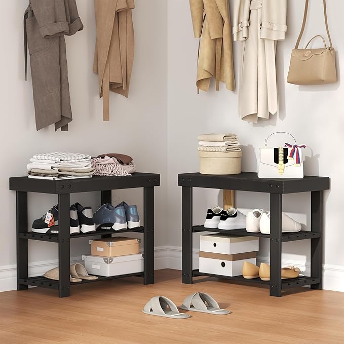 NEWBULIG Shoe Rack Bench, 3-Tier Bamboo Shoe Organizer, Wooden Entryway Storage Bench, 286 lb Load Capacity, 11.2x19.7x17.9 Inches, for Entryway Bathroom Bedroom Balcony, Black