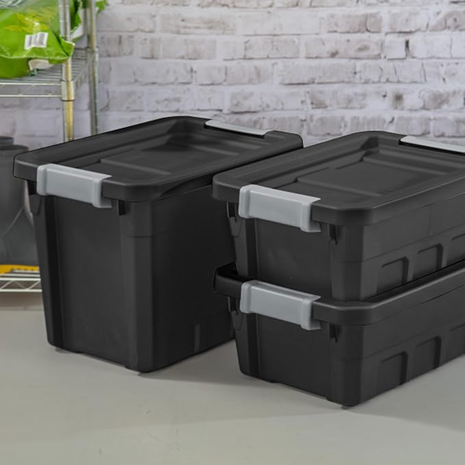 Sterilite 6-Pack Stacker Tote, Stackable Plastic Storage Bins with Lids, 4 Gallon, Black - Small Organizer Bin Containers for Bed, Garage, Office, Kitchen, and Classroom Organization