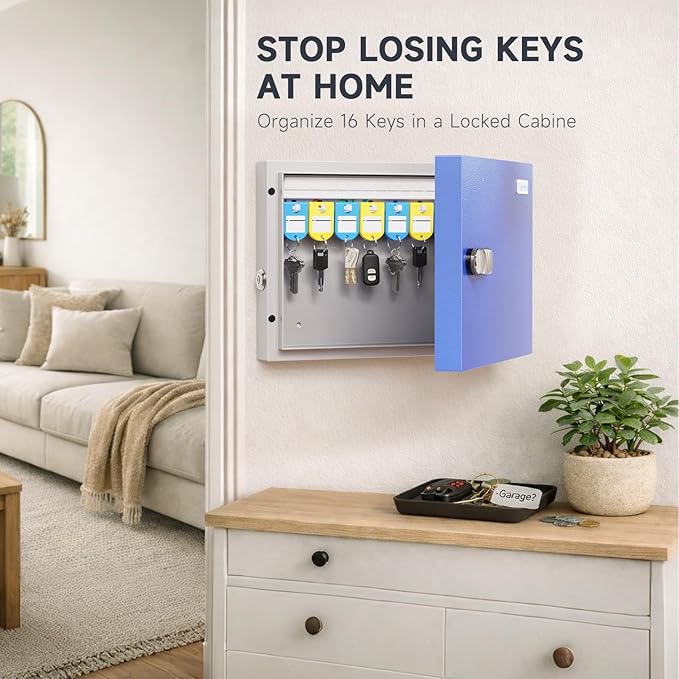 WeHere 16 Key Lock Box, Key Cabinet with Key Management App (Track Key Borrow/Return), 3-Digit Combination Lock & Backup Key, Wall Mount Key Holder Organizer Box for Home, Small Office, Rental