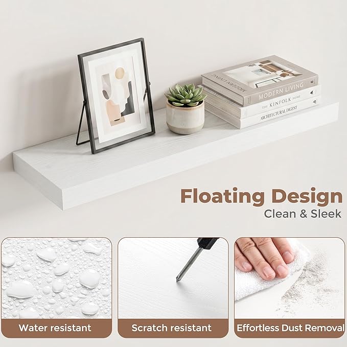 Venusmiles Floating Shelves for Wall, 24 Inch Floating Shelves Set of 2, 6.5" D Wooden Wall Mounted Display Shelves with Invisible Brackets for Living Room, Bedroom, Bathroom, Kitchen Decor, White
