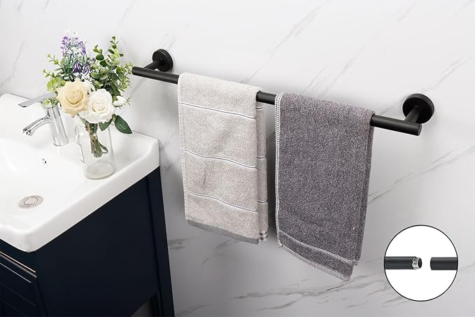 TocTen Bath Towel Bar - Thicken SUS304 Stainless Steel Bathroom Towel Holder, Towel Rod for Bathroom Heavy Duty Wall Mounted Towel Rack Hanger (24IN, Black)