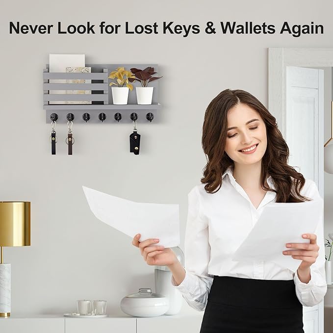 Lwenki Key Holder for Wall – Decorative Wooden Mail Holder and Key Shelf with Mounting Hardware, Installation Guide – Paulownia Wood with Metal Key Hooks (Gray, Extra Large - 15.6inch)