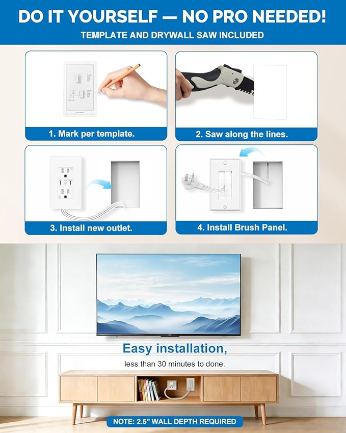 in-Wall Cable Management Kit with Recessed Outlet Box, Dual Outlet Extender with 4.2A Type C/C USB Ports, 9.8ft Extension Cord, Easy Install w/Drywall Saw, UL Listed, TR Safe Outlet Relocation Kit
