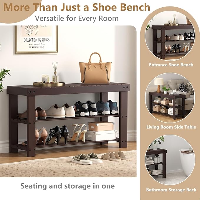 NEWBULIG Shoe Rack Bench, 3-Tier Bamboo Shoe Organizer, Wooden Entryway Storage Bench, 286 lb Load Capacity, 11.2x35.5x17.9 Inches, for Entryway Bathroom Bedroom Balcony, Brown