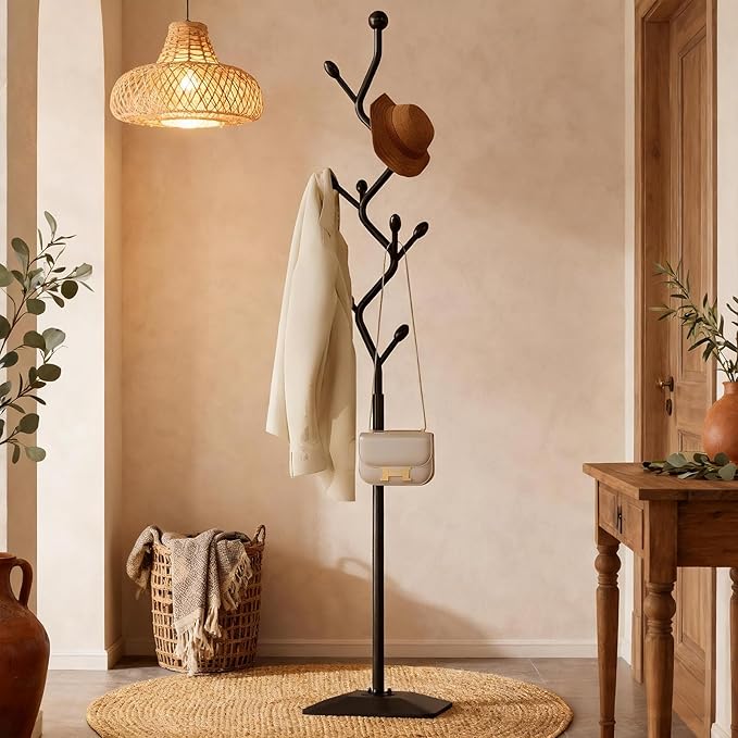 Coat Rack Freestanding Metal Coat Tree with 8 Hooks, Creative Design Tree Branch-look, Standing Coat Rack Coat Hanger Stand with Stury cast iron Base for Entryway, Hallway, Bedroom (black)