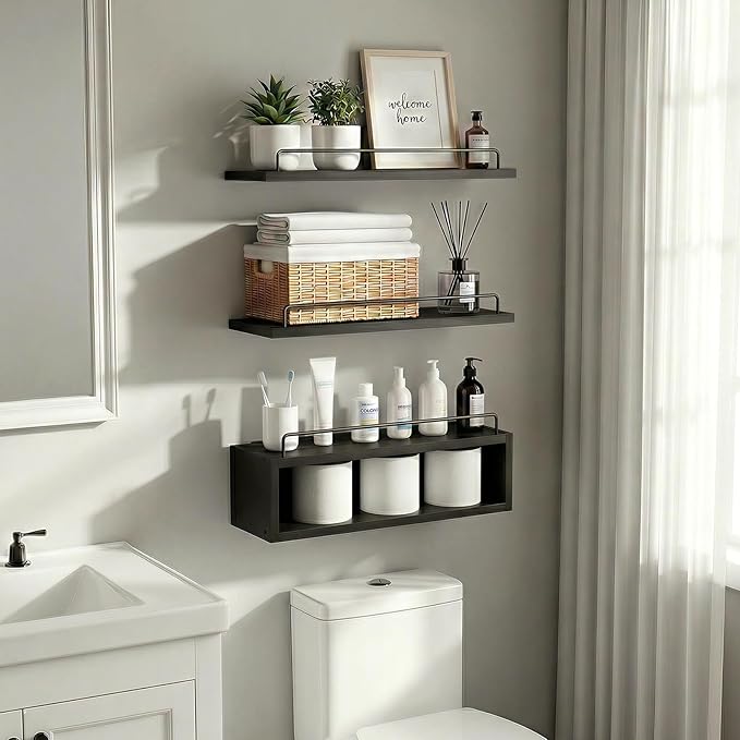 LANDNEOO Floating Shelves for Wall with Cube Shelf, Set of 3 Wood Bathroom Shelves Over Toilet for Storage, Wall Mounted Organizer with Metal Rail for Restroom Decor and Toilet Paper, Black