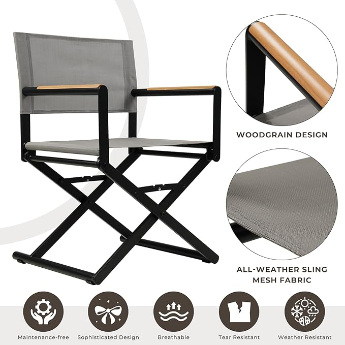 Grand patio 7-Piece Outdoor Dining Set, 6 Extra-Wide Folding Chairs & 1 Rectangle Expandable Table for 6-8 Person, Sling Mesh Patio Chairs with Wood Grain Table for Yard, Poolside, Deck, Gray