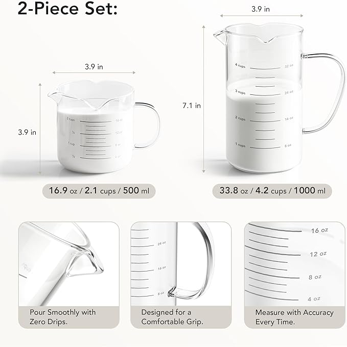 Genicook Glass Measuring Cups Set of 2 (16.9oz & 33.8oz), Borosilicate Glass Measuring Cup with 3 Pour Spouts, Liquid Measuring Cup for Baking Cooking, Microwave & Oven Safe