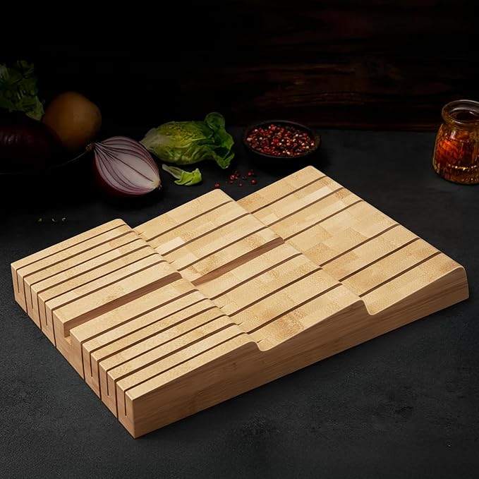 HOSHANHO In-Drawer Knife Block, Large Bamboo Knife Drawer Organizer for 12 Knives, Kitchen Steak Knife Holder for Sharpening Steel, Natural (Knives & Sharpening Not Included)