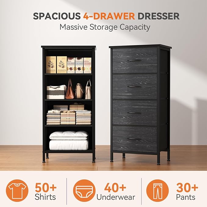 Sweetcrispy Nightstand Small Bedroom Dresser with 4 Fabric Drawers,Bed Side Furniture End Table,Wooden Top Cabinet Night Stand Dresser for Closet,Entryway,Dorm,Black Wood Grain