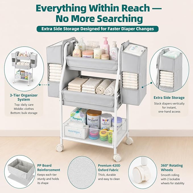 Moteph Rolling Utility Cart with Side Storage, 3-Tier Diaper Cart & Baby Caddy Organizer for Nursery Essentials, Bedside/Postpartum Nursing Cart, Craft & Art Storage Organizer, Rolling Book Cart