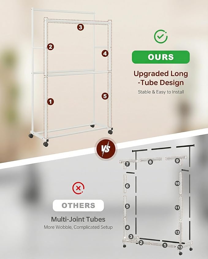 Clothes Rack 36.2" x 21.3" x 72", 4-Bar Double Rod Rolling Metal Clothing Rack for Hanging Clothes, Portable Garment Rack with Wheels for Bedroom Laundry, Closet Wardrobe, White