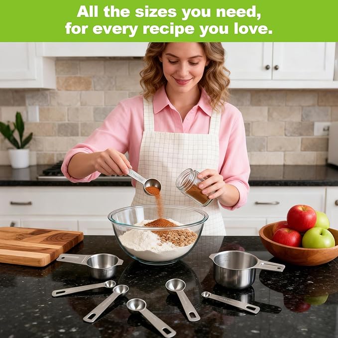 Measuring Cups and Spoons Set, 10 Piece Stainless Steel Nesting Measure Cup Includes 4 Cups & 6 Spoons, Stackable Dishwasher Safe Spoon Sets for Dry & Liquid Ingredients, Cooking & Baking Supplies