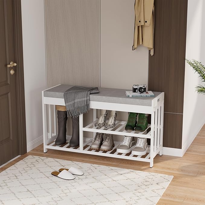 APRTAT 3-Tier Bamboo Shoe Rack Bench, Shoe Storage Organizer Bench, Entryway Benchs, Shoes Rack for Front Door Entrance, Entryway Bathroom Bedroom (White, Large)
