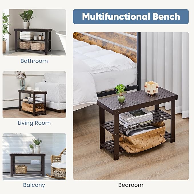 NEWBULIG Shoe Rack Bench, 3-Tier Bamboo Shoe Organizer, Wooden Entryway Storage Bench, 286 lb Load Capacity, 11.2x27.6x17.9 Inches, for Entryway Bathroom Bedroom Balcony, Brown