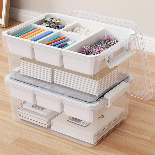 40Qt Stackable Storage Bins with Lids & Trays, Clear Plastic Latching Boxes Organizers with Dividers Portable 10Gal Containers for Arts & Crafts, Home and Car Trunk Organization, 2Pack