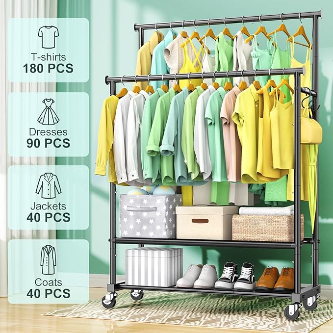 Rolling Clothes Rack with Doule Rod for Hanging, Heavy Duty Metal Garment Rack Load 350 LBS with Lockable Wheel, Free Standng Clothing Rack with 2 Shelves and Side Hooks for Home Commercial, Black