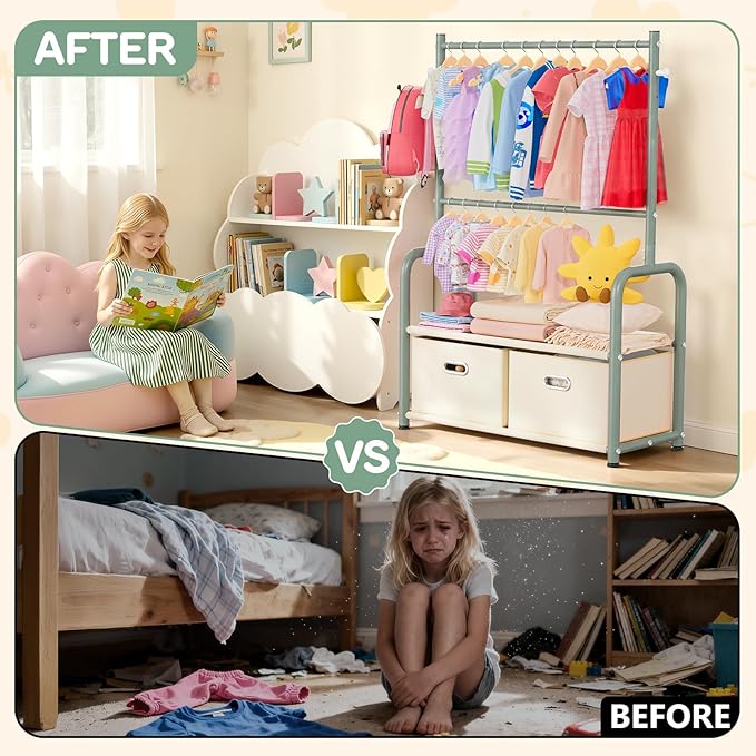 Kids Clothes Rack with 2 Tier Storage Racks and 2 Adjustable Hanging Poles, Small Baby Closet Organizer for Hanging Clothes, Kids Dress Up Rack (Upgrad, Green)