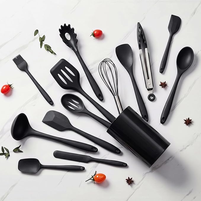 LIANYU 14 Pcs Silicone Kitchen Utensils Set with Holder, 446°F Heat Resistant Silicone Cooking Kitchen Utensils Spatula Set, Non-Stick & Dishwasher Safe Cooking Tools, Comfort Grip Handle, Black